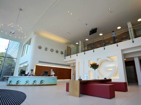 The reception area is seen inside InterContinental Hotels Group Plc's (IHG) headquarters in Denham, U.K.