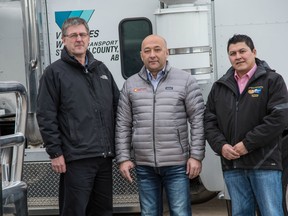 (From left): Randy Hepper, general manager GM Ventures West, Ivo Mitev, owner of Midnight Sun Energy Ltd., and Jasper Lamouelle, president of Tlicho Investment.