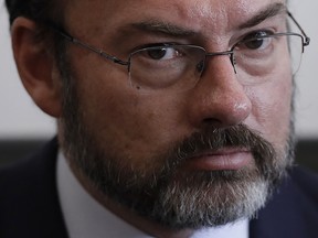 In this Jan. 24, 2017 file photo, Mexico's Foreign Relations Secretary Luis Videgaray pauses during a press conference, in Mexico City.