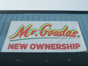 The sign at the Mr. Goudas warehouse indicating its new ownership as seen at in the Mr. Goudas warehouse in Toronto