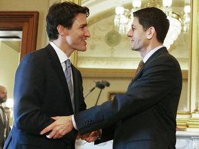 Canadian Prime Minister Justin Trudeau (L) is greeted by Speaker of the House Paul Ryan (R-WI) on Capitol Hill