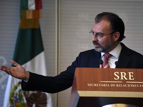 Mexican Foreign Minister Luis Videgaray delivers a message to the media at the Mexican Foreign Ministry building, on March 17, 2017 in Mexico City.