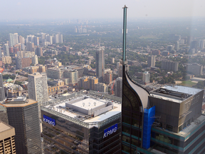 The Trump Tower in Toronto (with the antenna) is named so under a licensing agreement with the company bearing the U.S. president's name.