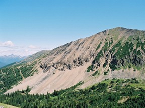The Upper Main Zone is exposed at surface in the central portion of the ridge; the Lower Main Zone is slightly offset in the tree-covered area on the left side of the photo.