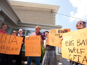 Supporters of co-accused Michael Schmidt, Robert Pinnell and Montana Jones protest in front of Peterborough Superior Court of Justice