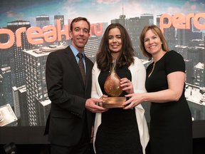 New Brunswick Innovation Foundation CEO Calvin Milbury alongside 2017 Breakthru startup competition winner Lisa Pfister and NBIF chair Cathy Simpson at the Breakthru awards dinner in Fredericton on March 23.