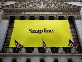 Snap Inc.’s sign is displayed in front of the New York Stock Exchange