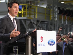 Prime Minister Justin Trudeau speaks at the Ford Essex Engine Plant in Windsor, Ont. on Thursday, March 30, 2017.