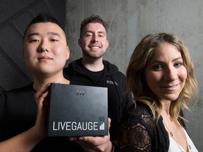 LiveGauge, co-founded by COO Sam Seo (left), CEO Nathaniel Bagnell and Sales Director Kate Bogomolny, is one of six startups in the pilot version of the Playbook Program, Ryerson's DMZ in Toronto with their device called the LiveGauge, which measures people's smartphone signals at live events.