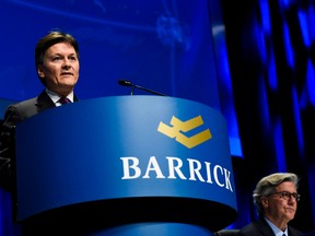 Barrick Gold president Kelvin Dushnisky, left, speaks as executive chairman of the board John L. Thornton listens during the company's annual general meeting in Toronto on Tuesday, April 25, 2017.