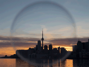 The Toronto skyline is seen through a soap bubble on Sunday April 9, 2017. There is growing concern that the Toronto real estate market is in a bubble condition.