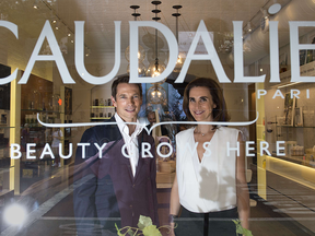 Mathilde and Bertrand Thomas, founders of French cosmetics group Caudalie, pose in one of their shops in New York.
