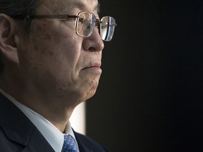 Satoshi Tsunakawa, president of Toshiba Corp., looks on during a news conference in Tokyo, Japan, on Tuesday, April 11, 2017. Toshiba, the 142-year-old conglomerate, warned on Tuesday it may not be able to continue as a going concern as it grapples with billions of dollars in losses from its Westinghouse Electric nuclear business.