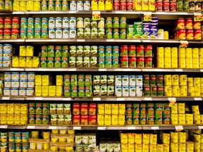 Various canned goods are displayed for sale at a Loblaws Cos. Ltd.