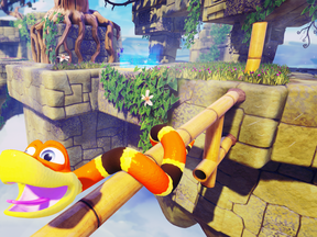 Players take on the role of Noodle the serpent in Sumo Digital's Snake Pass, which recreates reptilian slithering with astonishing authenticity – for better and worse.