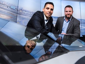 Moodie Cheikh, CEO of Searidge Technologies, left, and Alex Sauriol, co-founder and CTO, by their HD control tower demo room in their Ottawa offices.