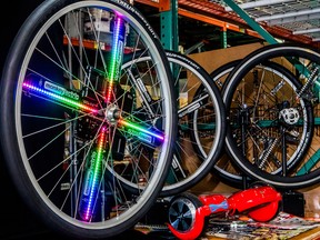 A testing station for wheel-mounted LED lights at Monkeylectric headquarters in Berkeley, Calif.