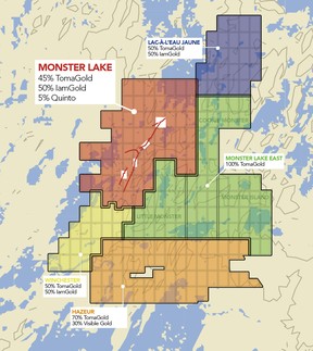 TomaGold's properties surrounding Monster Lake In Quebec