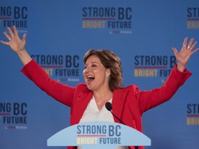 B.C. Liberal leader Christy Clark waves to the crowd following the B.C. Liberal election in Vancouver, B.C., Wednesday.