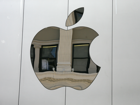 The Apple logo on the side of the Apple Union Square store in San Francisco