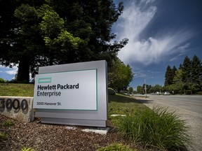 Hewlett-Packard Enterprise Inc. signage stands at the entrance of the company's headquarters in Palo Alto, California, U.S., on Monday, May 22, 2016. Hewlett-Packard Enterprise Inc. is scheduled to release earnings figures on after market on May 24.