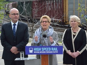 Ontario Premier Kathleen Wynne makes an announcement about high speed rail with London MPP Deb Matthews and transportation minister Steven Del Duca