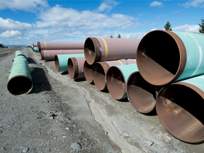 Pipes are seen at the pipe yard at the Trans Mountain facility in Kamloops, B.C.