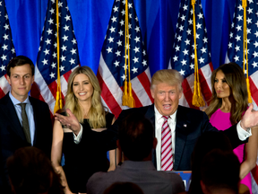 Donald Trump is joined by his wife Melania, daughter Ivanka and son-in-law Jared Kushner as he speaks during a news conference