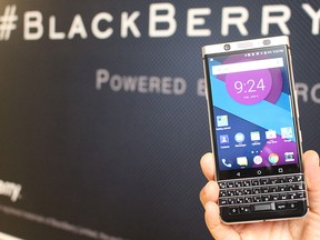 This file photo taken on January 4, 2017 shows a BlackBerry smartphone at the Consumer Electronics Show in Las Vegas.