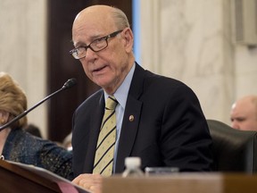 FILE - In this March 23, 2017, file photo, Sen. Pat Roberts, R-Kan., speaks on Capitol Hill in Washington. Senate Republicans' struggle to pass a health care bill is jeopardizing another one of President Donald Trump's top priorities: overhauling America's tax system. A day after Senate Majority Leader Mitch McConnell, R-Ky., delayed a vote on a bill to scrap much of Democrat Barack Obama's health law, questions lingered about whether congressional Republicans could pass big, complicated pieces of legislation. "The whole idea is to do health care first because you gain an advantage there to go on and do tax reform," said Roberts. "We've sort of bollixed that up but I'm encouraged." (AP Photo/Pablo Martinez Monsivais)