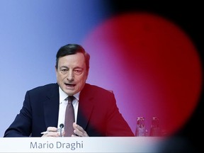 FILE- In this Thursday, April 21, 2016 file photo president of European Central Bank, ECB, Mario Draghi speaks during a news conference after a meeting of the governing council in Frankfurt, Germany.  Draghi said Tuesday, June 27, 2017 the bank's stimulus efforts need to be "persistent" even as the economy recovers and that any scaling back of support will come gradually.. (AP Photo/Michael Probst, file)