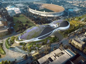 This undated artist rendering provided by the George Lucas Museum of Narrative Art shows the exterior of the complex that will be built at Exposition Park near the Los Angeles Coliseum, following the Los Angeles City Council voting unanimously to allow the project to proceed, Tuesday, June 27, 2017. The vote was 14-0 to approve various requirements, including an environmental study, allowing for the $1.5 billion museum's construction to begin. (Courtesy of George Lucas Museum of Narrative Art via AP)