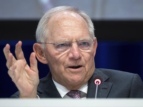 German Finance Minister Wolfgang Schaeuble speaks during the Economy Day of the Economic Council of the German Christian Democratic Party  in Berlin, Germany, Tuesday, June 27, 2017.  Around 3,500 representatives from politics, economy and science participate in the event. (Bernd von Jutrczenka/dpa via AP)