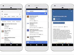This image provided by Google shows examples of help-wanted listings displayed on a smartphone. Google is trying to turn its search engine into an employment engine. Beginning Tuesday, June 20, 2017, job hunters will be able to go to Google and see help-wanted listings that its search engine is collecting across the internet. Google will also show employer ratings from current and former workers, as well as typical commute times to where a job is located. It's a departure from the the bare-bones links to various help-wanted sites that Google has traditionally shown. (Courtesy of Google via AP)
