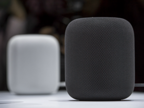 Apple's HomePod speakers sit on display during the Apple Worldwide Developers Conference (WWDC) in San Jose, Cali.