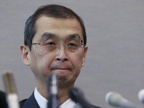 Japanese air bag maker Takata Corp.'s CEO Shigehisa Takada listens to a reporter's question during a press conference in Tokyo, Monday, June 26, 2017. Takata Corp. has filed for bankruptcy protection in Tokyo and the U.S., overwhelmed by lawsuits and recall costs related to its production of defective air bag inflators linked to the deaths of at least 16 people. (AP Photo/Shizuo Kambayashi)