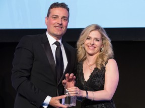 Mirko Bibic of BCE and Bell Canada receives the 2017 Canadian General Counsel of the Year Award from Karen Werger of Deloitte