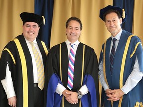 Toronto lawyer and philanthropist and Sudbury native Perry Dellelce (centre) is greeted by Dominic Giroux (left), president and vice-chancellor of Laurentian University and Laurentian chancellor Steve Paikin