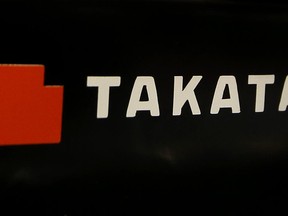 FILE - This July 6, 2016, file photo, shows the logo of Takata Corp. at an auto supply shop in Tokyo. Drowning in a sea of lawsuits and recall costs, Japanese air bag maker Takata Corp. is expected to seek bankruptcy protection in Tokyo and the United States early Monday, June 26, 2017. (AP Photo/Shizuo Kambayashi, File)
