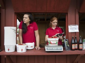 In this Tuesday, May 23, 2017, photo, Hannah Waring, left, a student at Loudoun Valley High School, and Abby McDonough, a student at Liberty University, work in the strawberry stand at Wegmeyer Farms in Hamilton, Va. Waring and McDonough are working at Wegmeyer Farms for the summer. Summer jobs are vanishing as U.S. teens spend more time in school and face competition from older workers. (AP Photo/Carolyn Kaster)