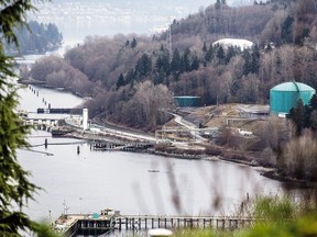 The Kinder Morgan facility seen from Burrard Inlet in Burnaby, B.C.