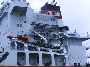 This Saturday, July 1, 2017 photo provided by RNLI shows damage on Seafrontier tanker after a collision in the Dover Strait between Britain and France. An oil tanker and a large cargo ship collided Saturday in the Dover Strait but no casualties or pollution from the accident have been reported so far, French authorities say. (Paul Cannon/RNLI via AP)