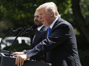 President Donald Trump, with Lebanese Prime Minister Saad Hariri, speaks during their joint news conference in the Rose Garden of the White House in Washington, Tuesday, July 25, 2017. (AP Photo/Pablo Martinez Monsivais)