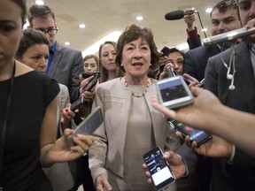 Sen. Susan Collins, R-Maine is surrounded by reporters as she arrives on Capitol Hill in Washington, Tuesday, July 25, 2017, before a test vote on the Republican health care bill. The bill has faced opposition and challenges within the Republican ranks, including by Collins. (AP Photo/J. Scott Applewhite)