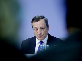 FILE - In this Thursday, April 27, 2017 file photo, the President of the European Central Bank Mario Draghi speaks during a news conference in Frankfurt, Germany. European Central Bank head Mario Draghi is likely to tread softly on Thursday, July 20, 2017 as the bank inches toward bringing an end to its monetary stimulus efforts.  (AP Photo/Michael Probst, File)