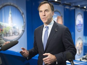 Federal Finance Minister Bill Morneau speaks with the media at the G20 summit on July 8 in Hamburg, Germany.