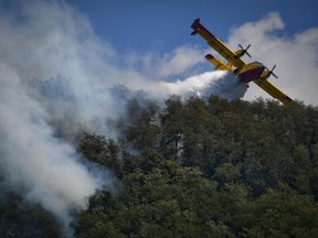 An anti-fire Canadair airplane flies over fires on the Vesuvius Volcano area near Naples, Italy, Thursday, July 13, 2017.  Wildfires that have consumed vast swaths of southern Italy and forced the evacuation of hundreds of holidaymakers on Thursday claimed the lives of two pensioners trying to defend their property. (Ciro Fusco/ANSA via AP)