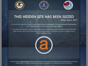 This screen grab provided by the U.S. Department of Justice shows a hidden website that has been seized as part of a law enforcement operation by the Federal Bureau of Investigation, the Drug Enforcement Administration and European law enforcement agencies acting through Europol. On Thursday, July 20, 2017, authorities announced that two of the world's most notorious "darknet" marketplaces, AlphaBay and Hansa, have been knocked out in a one-two punch that officials say yielded a trove of new intelligence about drugs and weapons merchants that operate from hidden corners of the internet. (U.S. Department of Justice via AP)