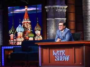 This July 18, 2017 image released by CBS show host Stephen Colbert on "The Late Show with Stephen Colbert."  The CBS "Late Show" host scored his largest margin of victory since his debut week nearly two years ago for shows that featured segments filmed during his recent trip to Moscow and St. Petersburg. (Scott Kowalchyk/CBS via AP)