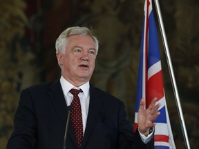 British Secretary of State for Exiting the EU David Davis addresses the media during a press conference in Prague, Czech Republic, Tuesday, July 25, 2017. (AP Photo/Petr David Josek)